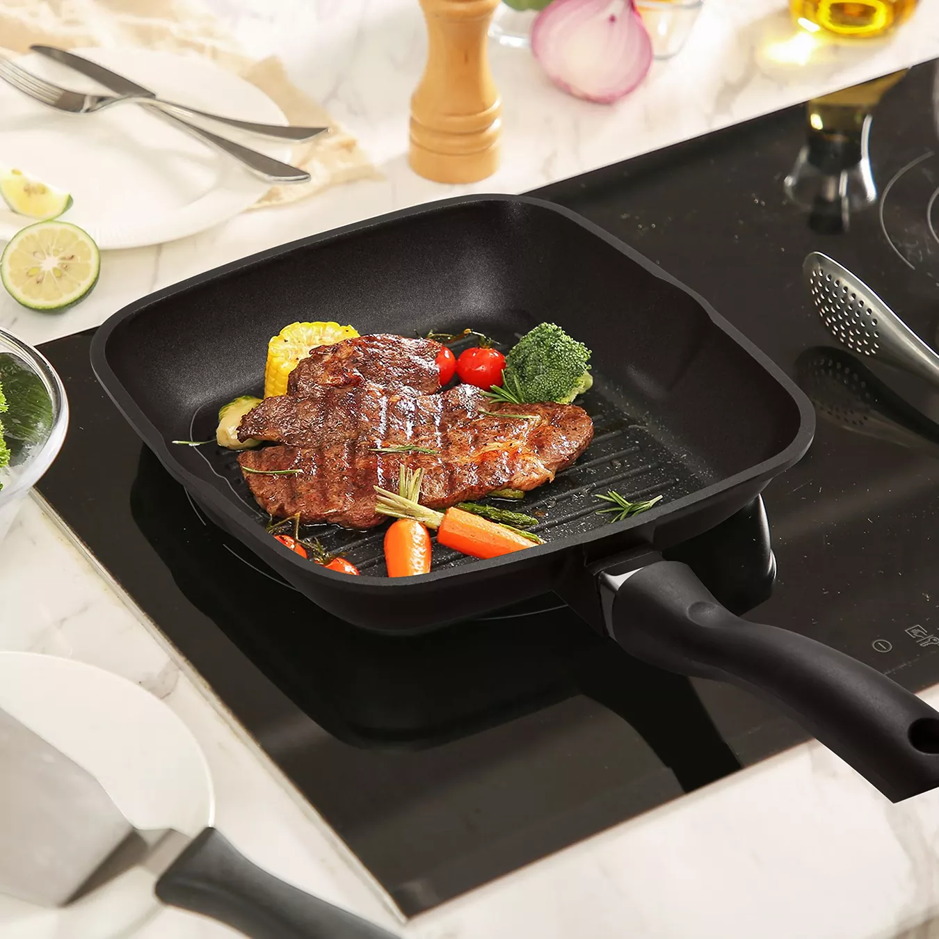 Black steak frying pan photography