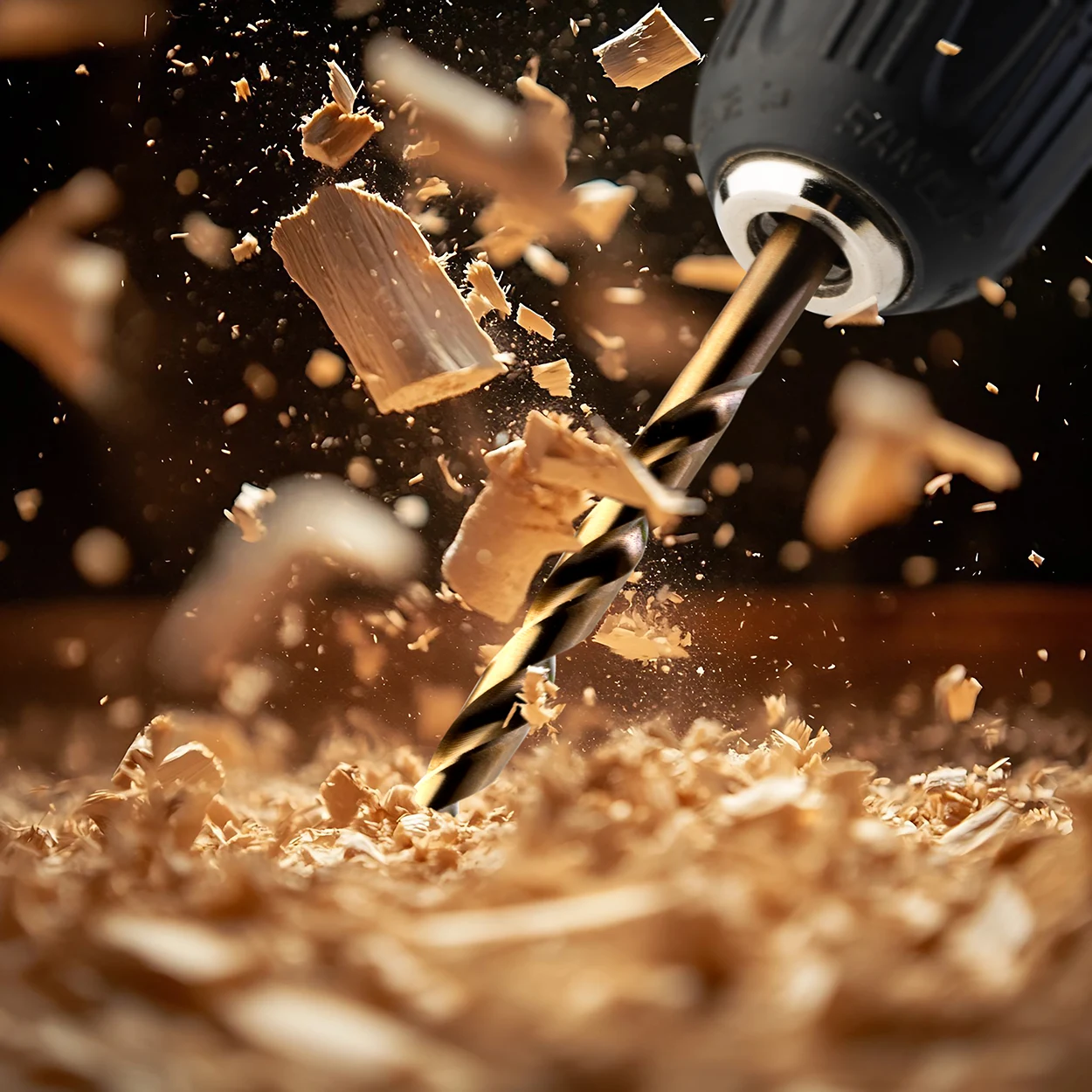 Drilling Dynamics in Wood Close Up Action Photography Reveals Tool Precision